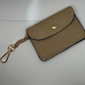 Brown Card Case Wallet Faux Leather Keychain Snap‎